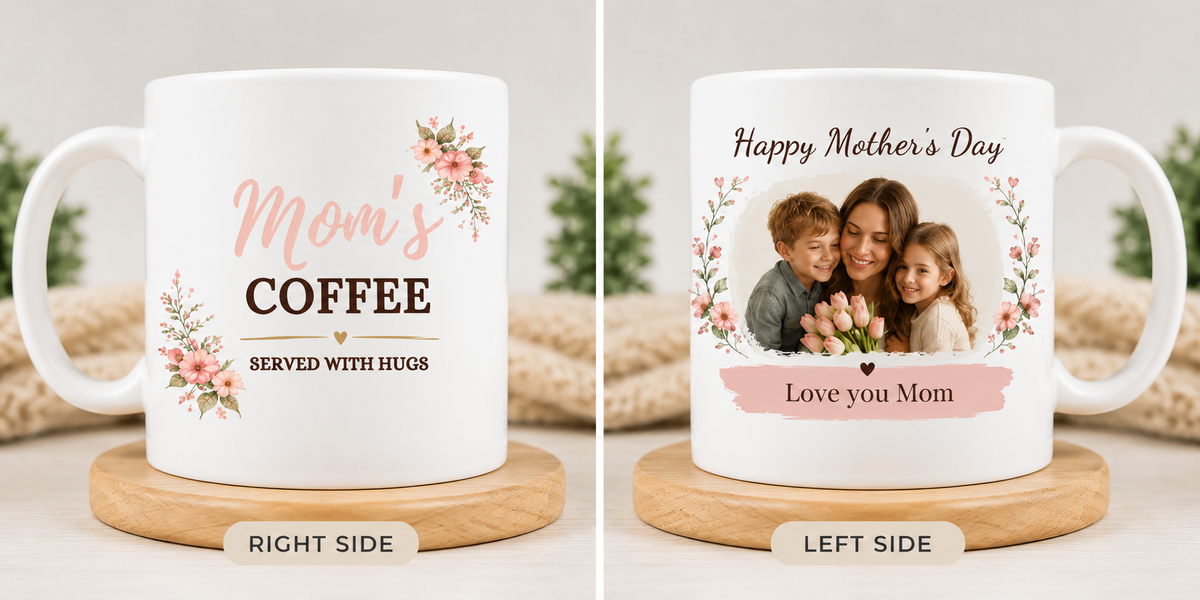 Mom's coffee mug with floral text and personalized family photo