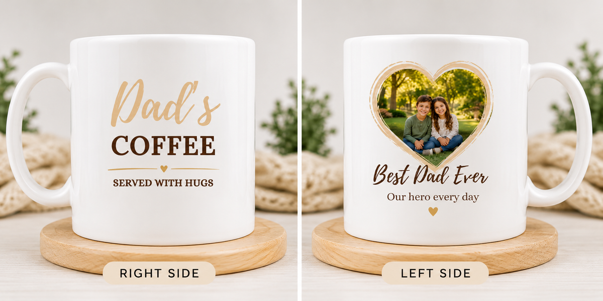 Dad's Coffee mug paired with a heart-shaped family photo