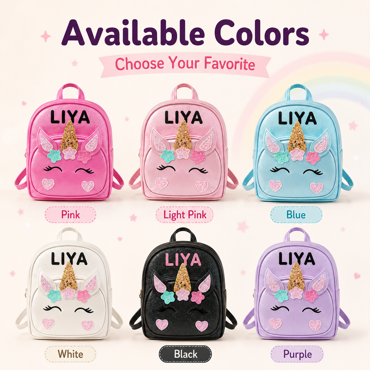 Pink, light pink, blue, white, black, and purple unicorn backpack color options