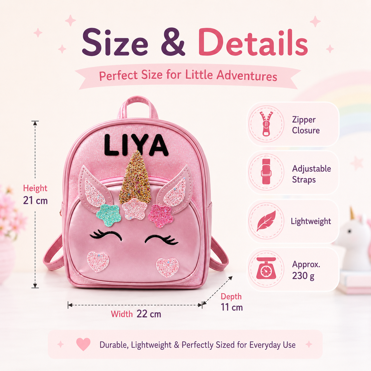 Unicorn backpack size and features including adjustable straps and zipper closure