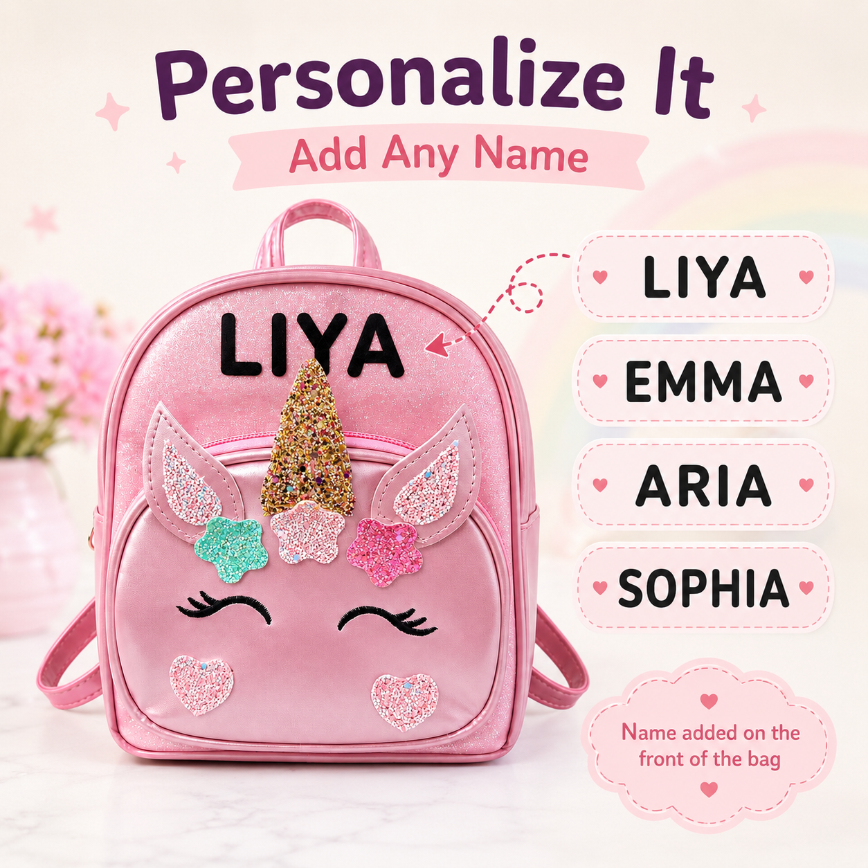 Personalized unicorn backpack showing custom name examples