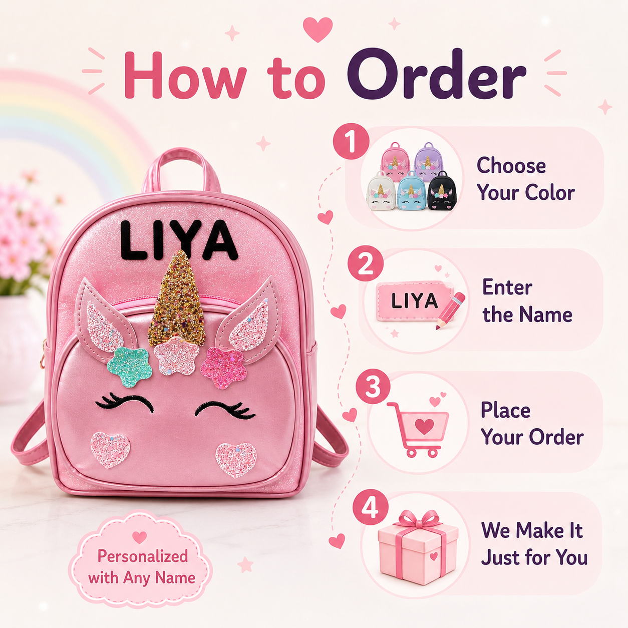 Four-step ordering guide for a personalized unicorn backpack