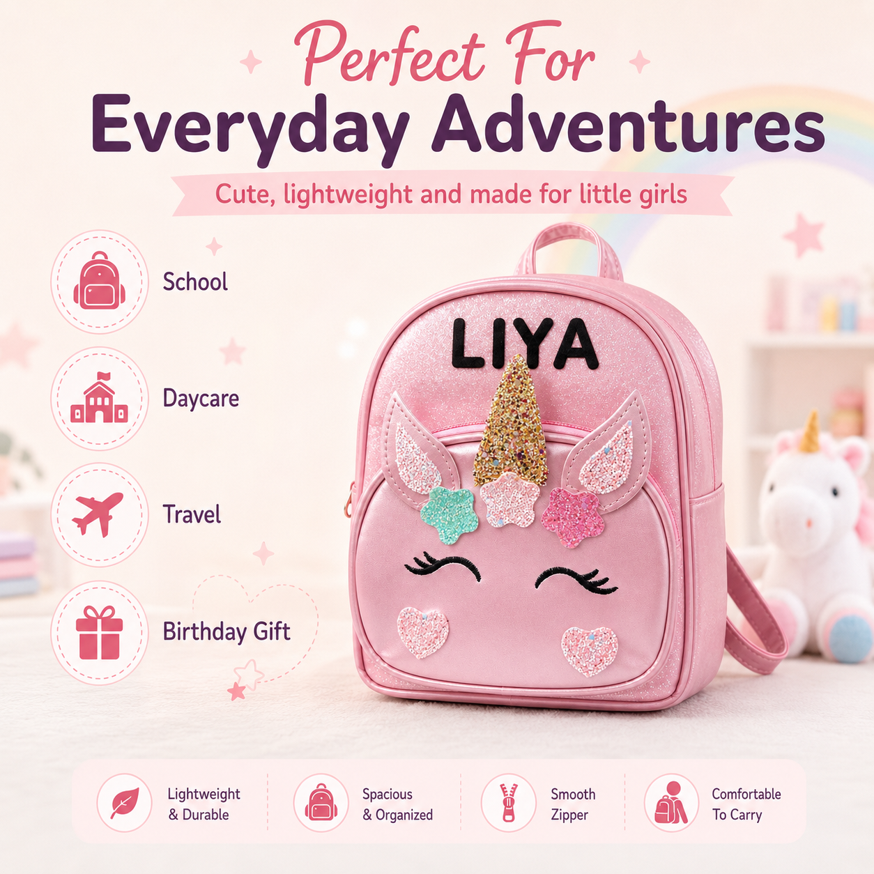 Pink unicorn backpack recommended for school, daycare, travel, and birthdays